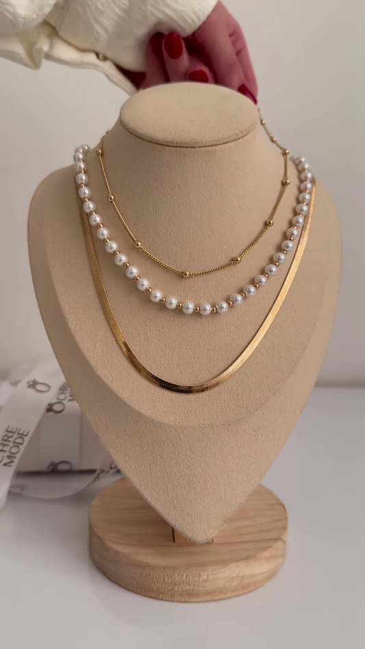 Elegant Layered Gold-Toned Necklace Set with Herringbone Chain and Pearl Strands