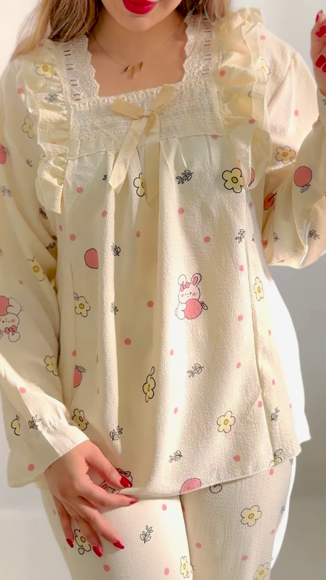 Cozy Long-Sleeved Pajama Set with Cute Prints and Lace Trim