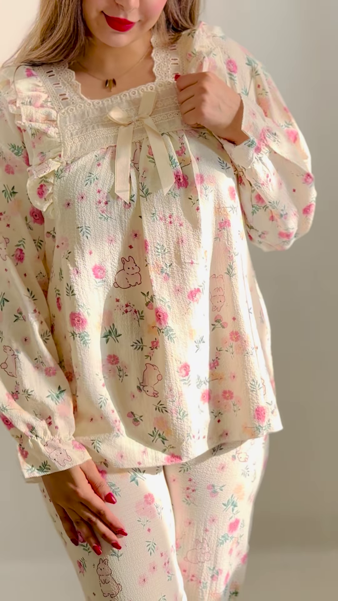 Cozy Long-Sleeved Pajama Set with Cute Prints and Lace Trim