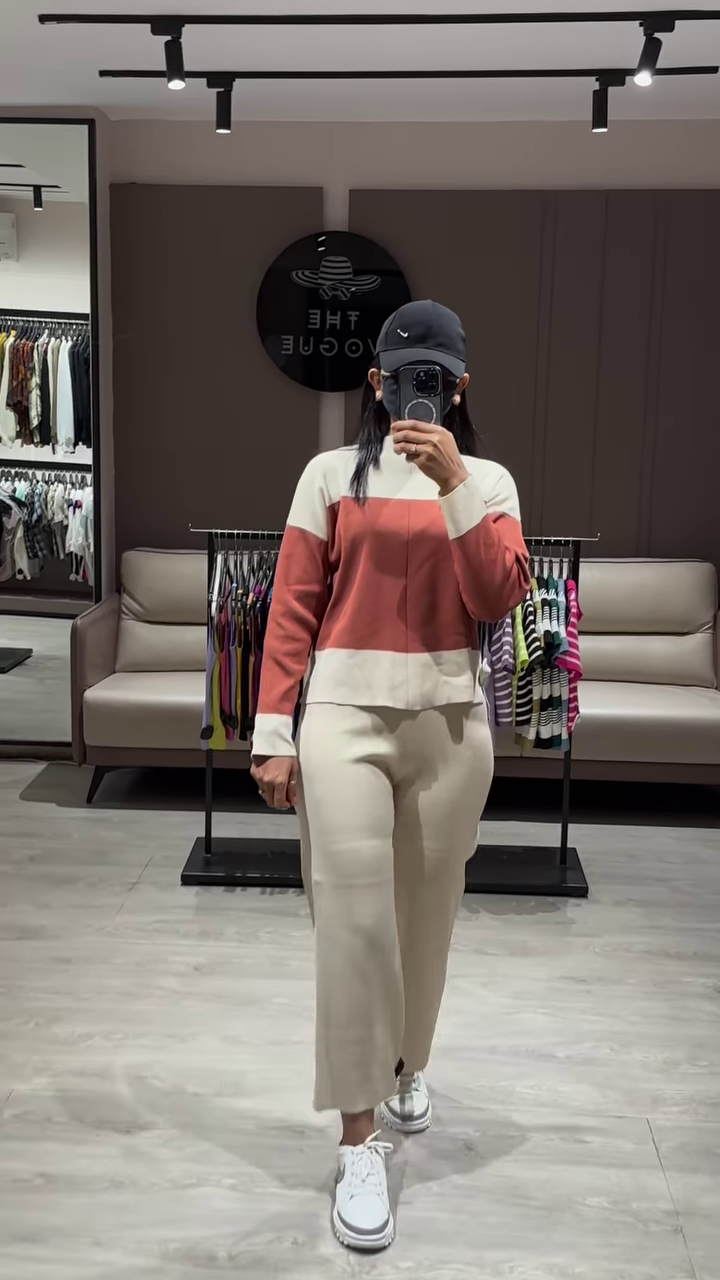 Color Block Knit Sweater and Comfortable Black Pants Lounge Set