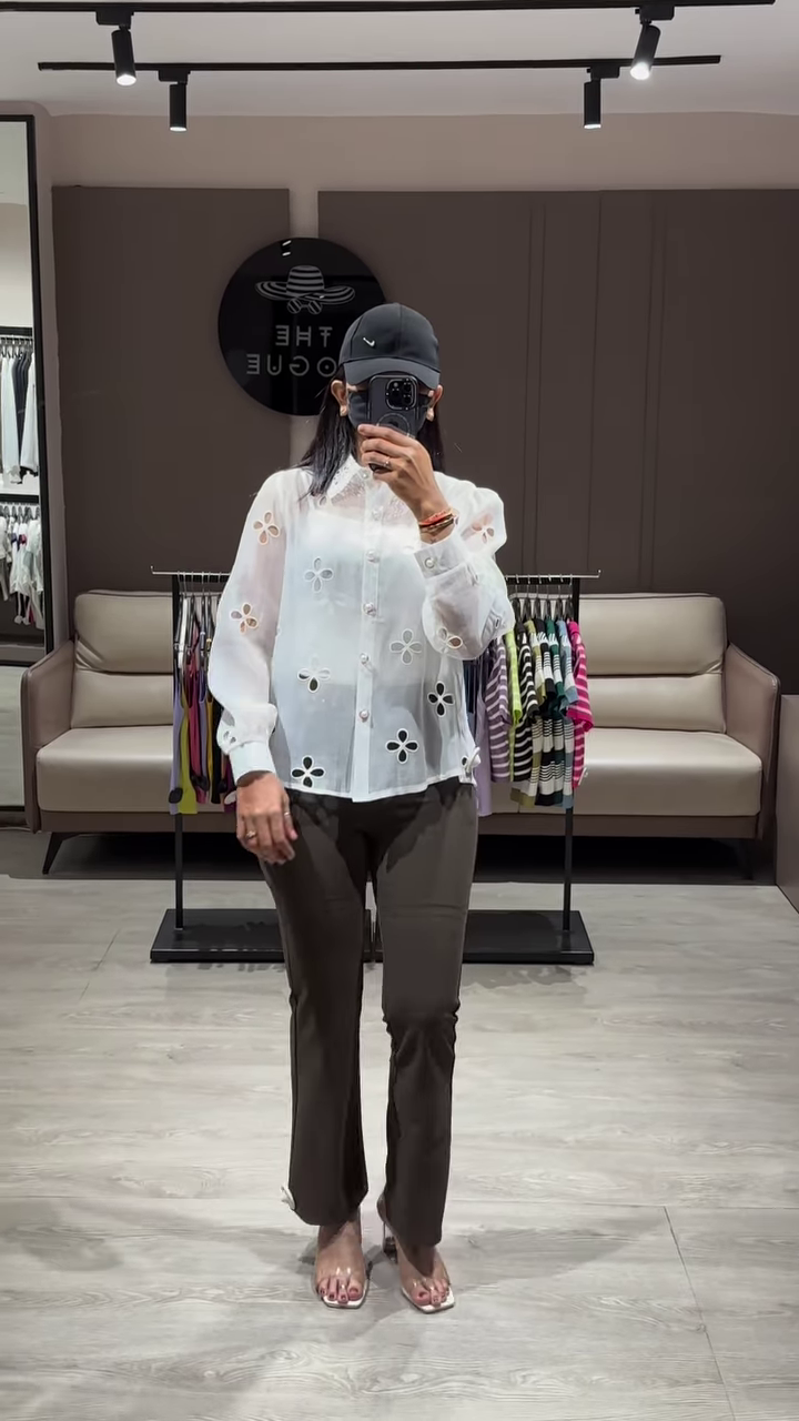 Elegant Sheer White Blouse with Ruffled Sleeves and Button-Down Front