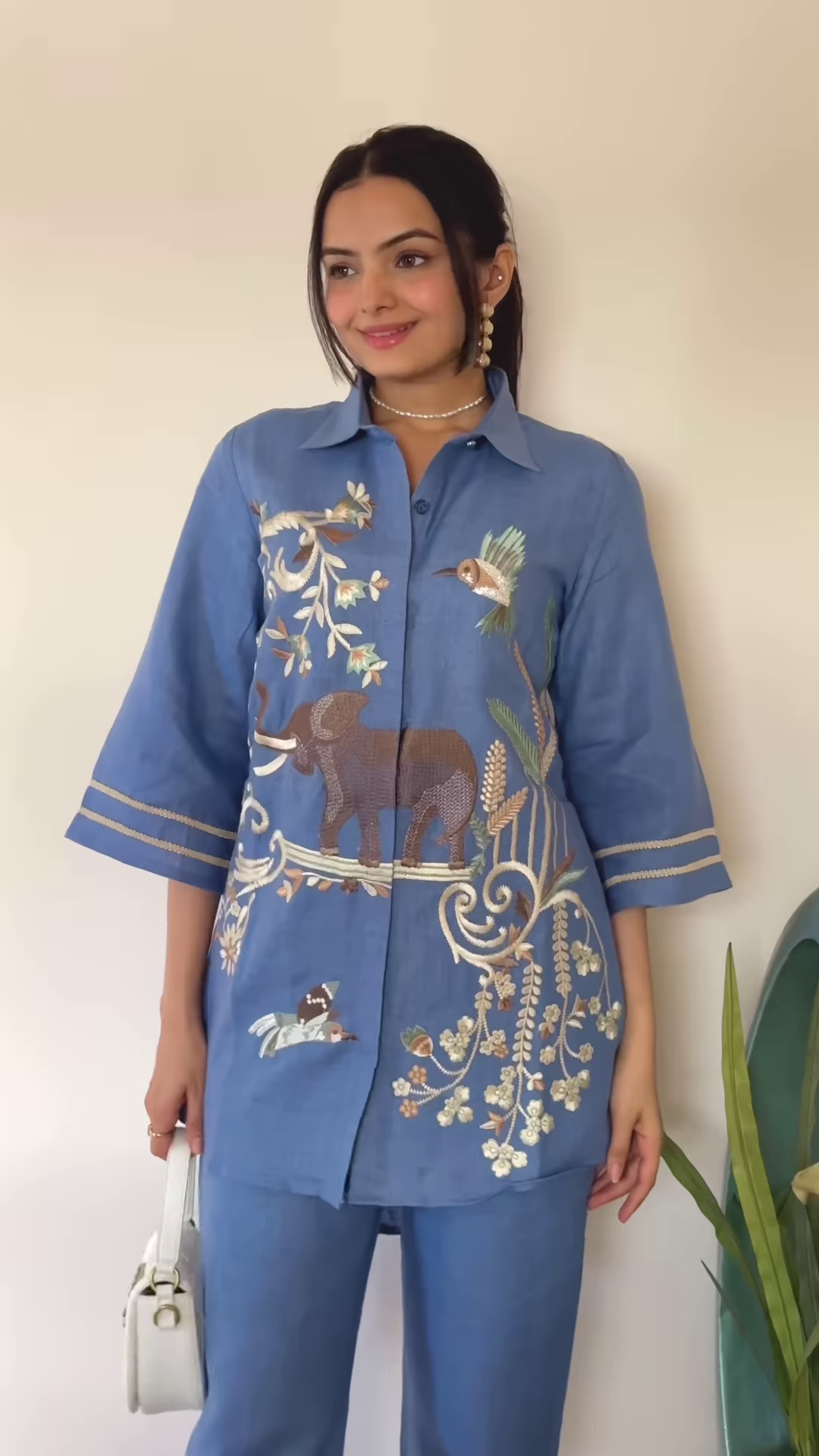 Artisanal Embroidered Linen Blend Shirt and Pants Set with Animal Motifs