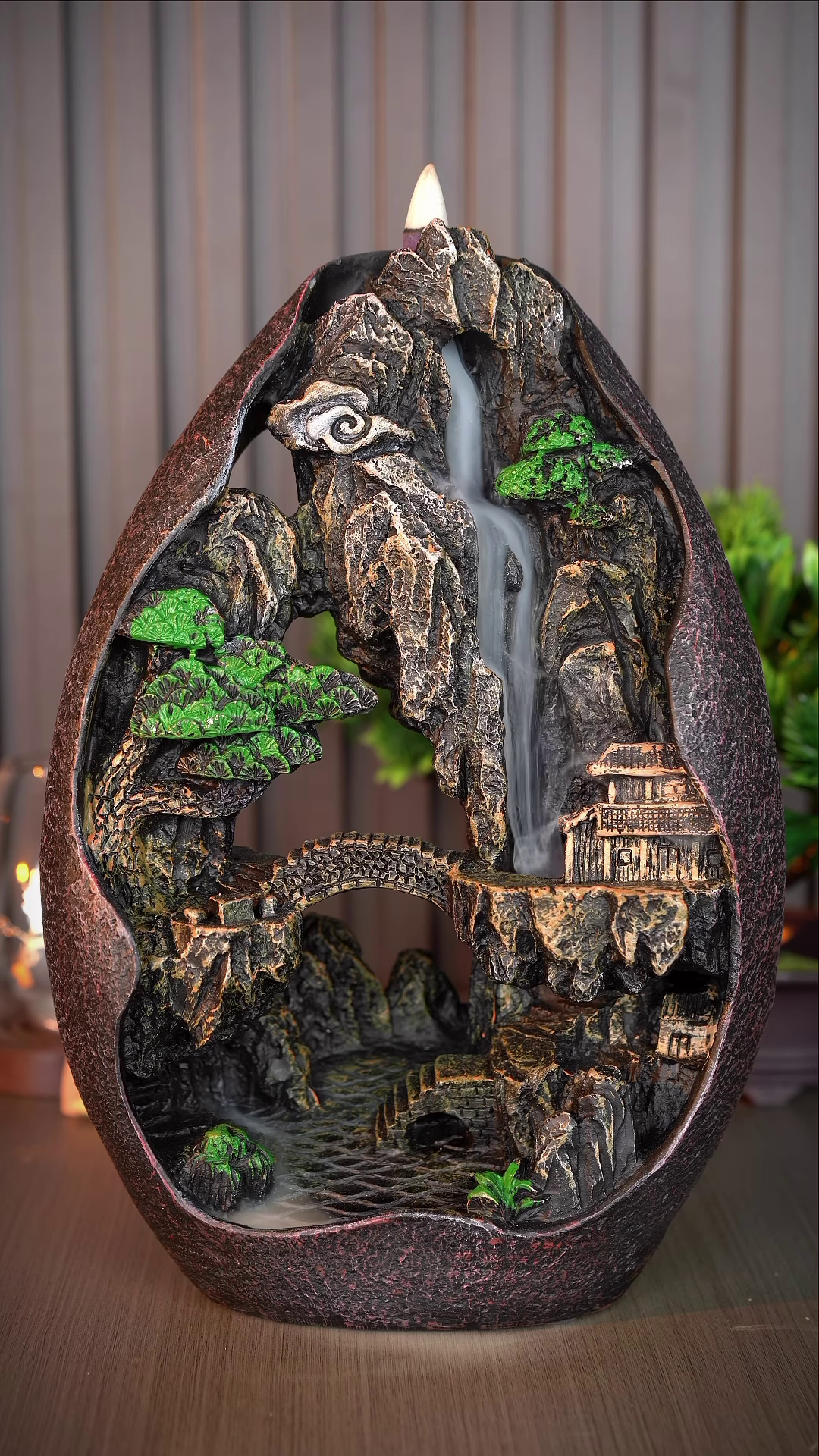 Backflow Incense Burner with Mountain Landscape and Waterfall Effect