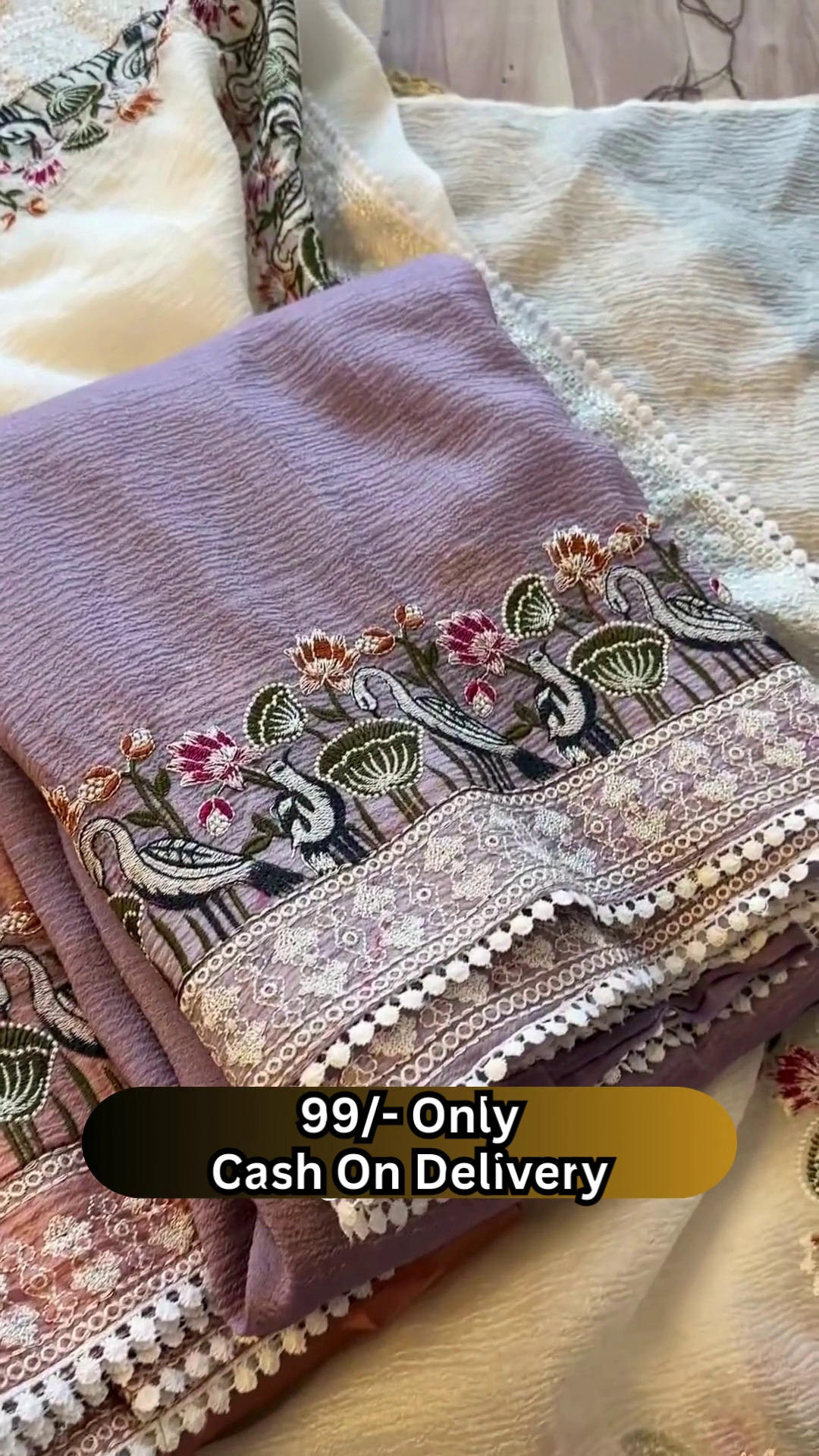 Elegant Off-White Saree with Floral and Bird Embroidered Border