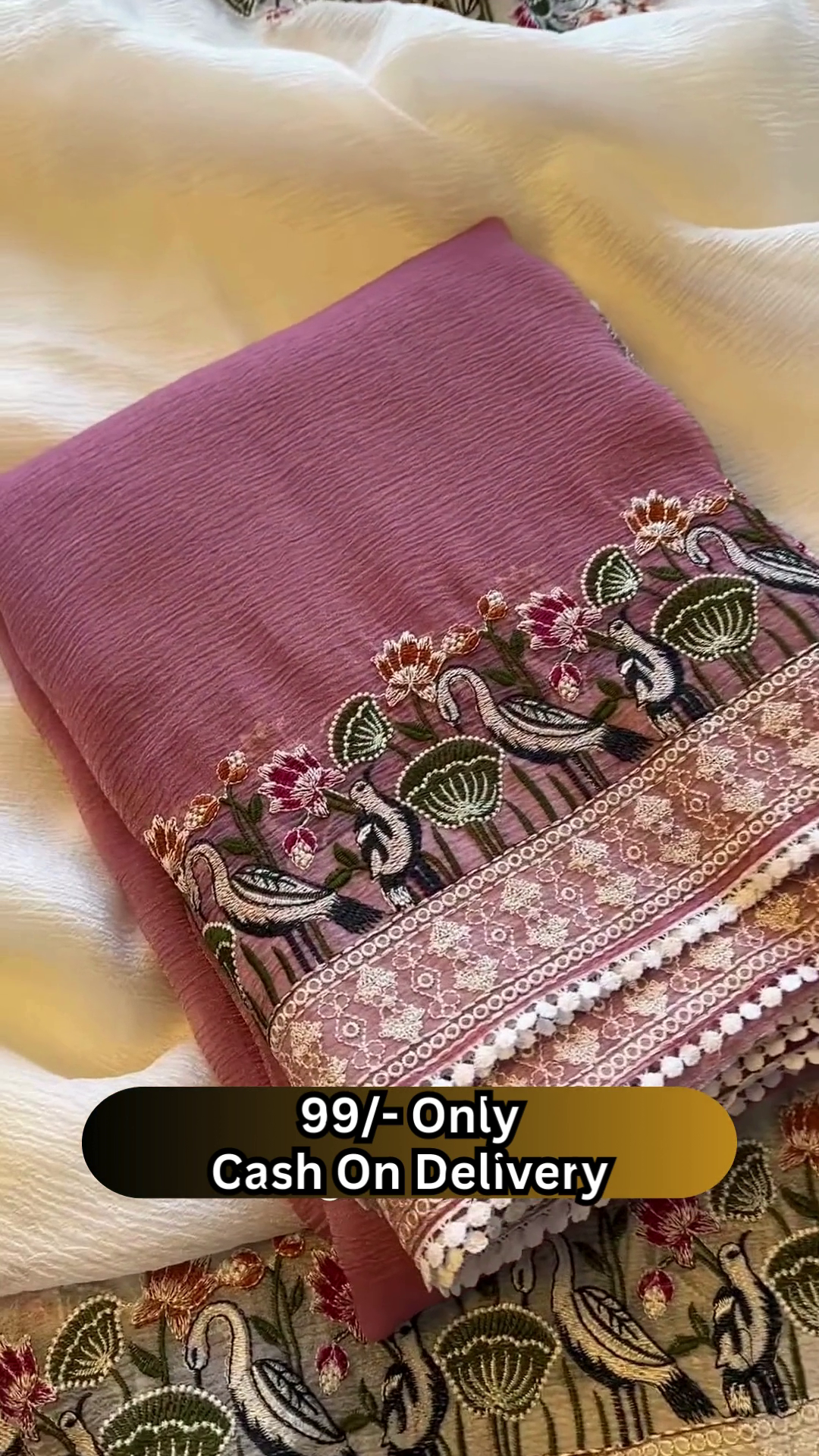 Elegant Off-White Saree with Floral and Bird Embroidered Border