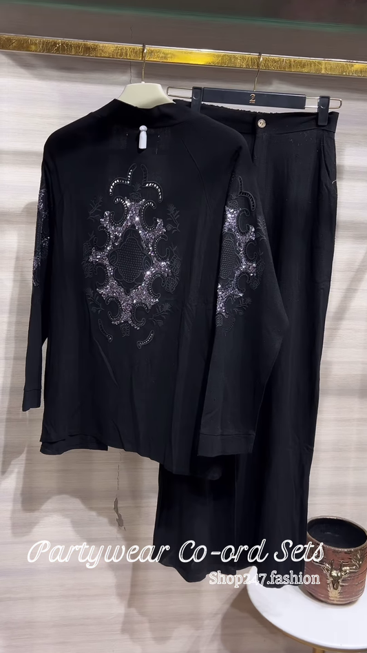Elegant Black Partywear Co-ord Set with Embellished Top and Wide-Leg Pants