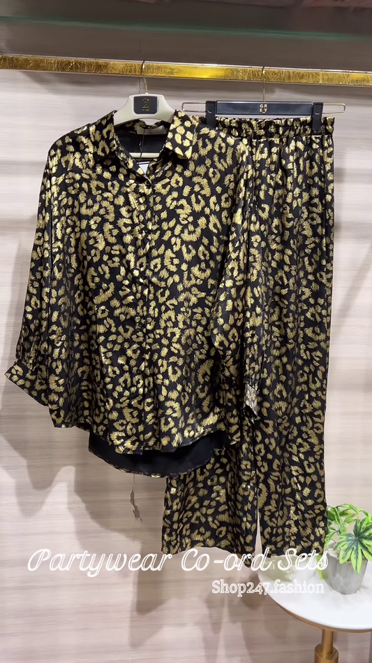 Elegant Black Partywear Co-ord Set with Embellished Top and Wide-Leg Pants