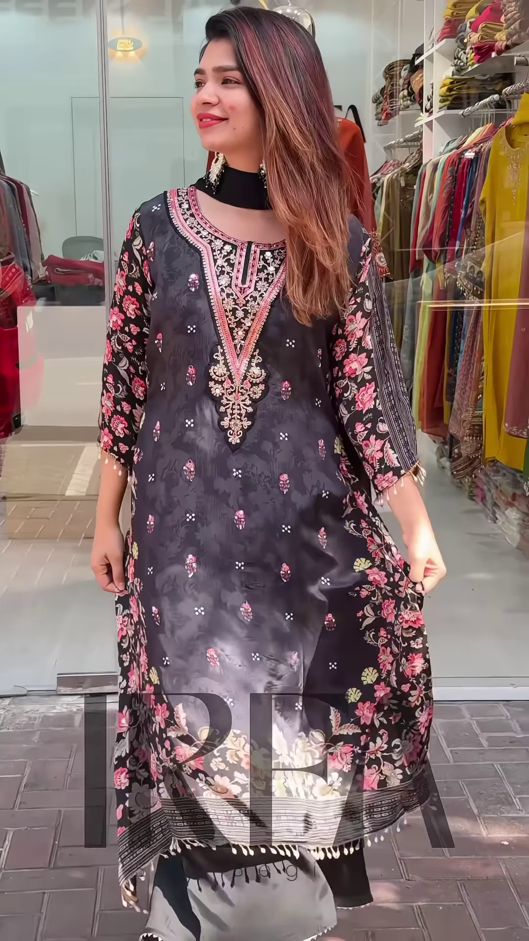 Elegant Printed Straight-Cut Kurti with Embellished Neckline and Coordinating Bottoms