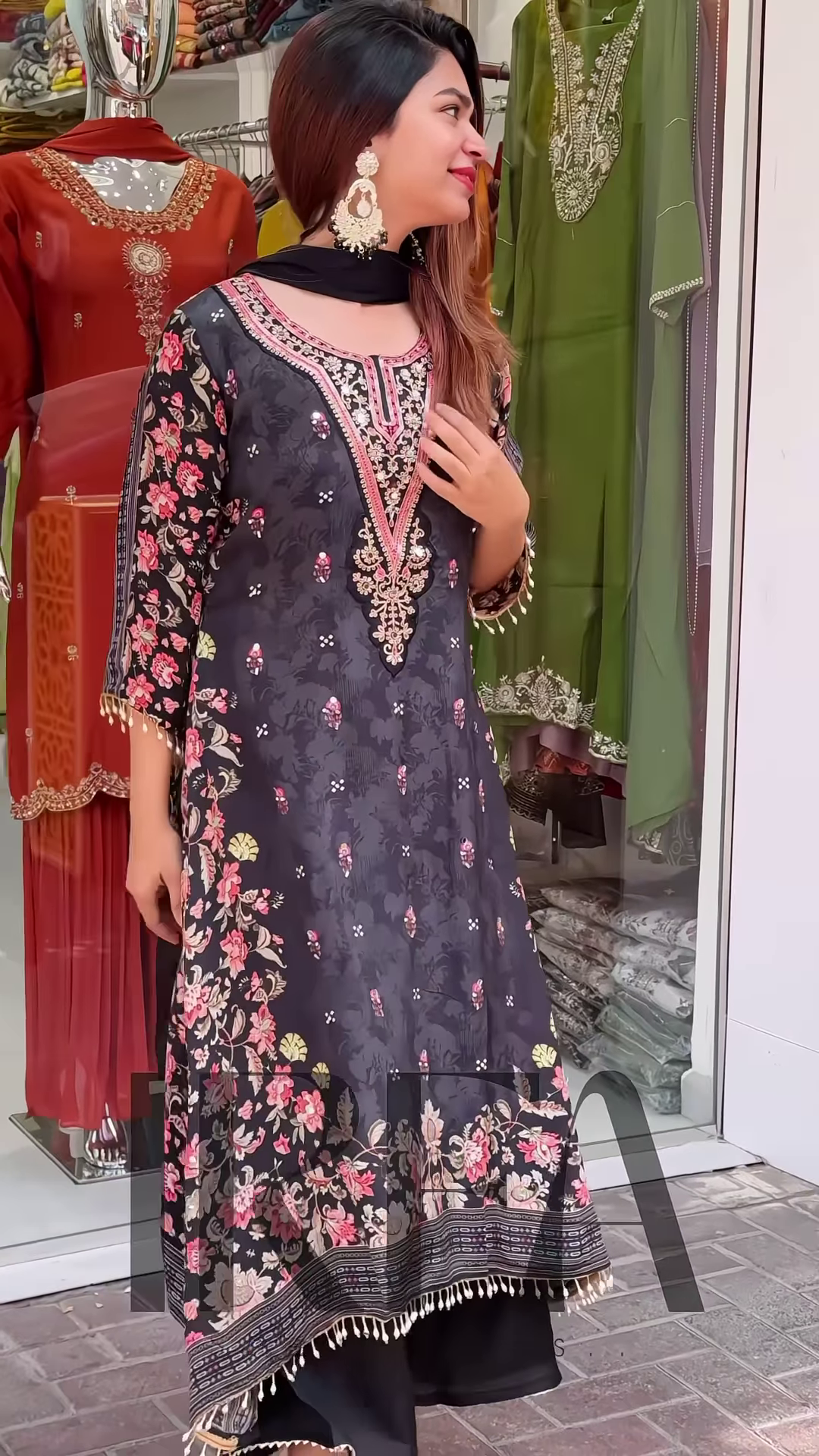 Elegant Printed Straight-Cut Kurti with Embellished Neckline and Coordinating Bottoms