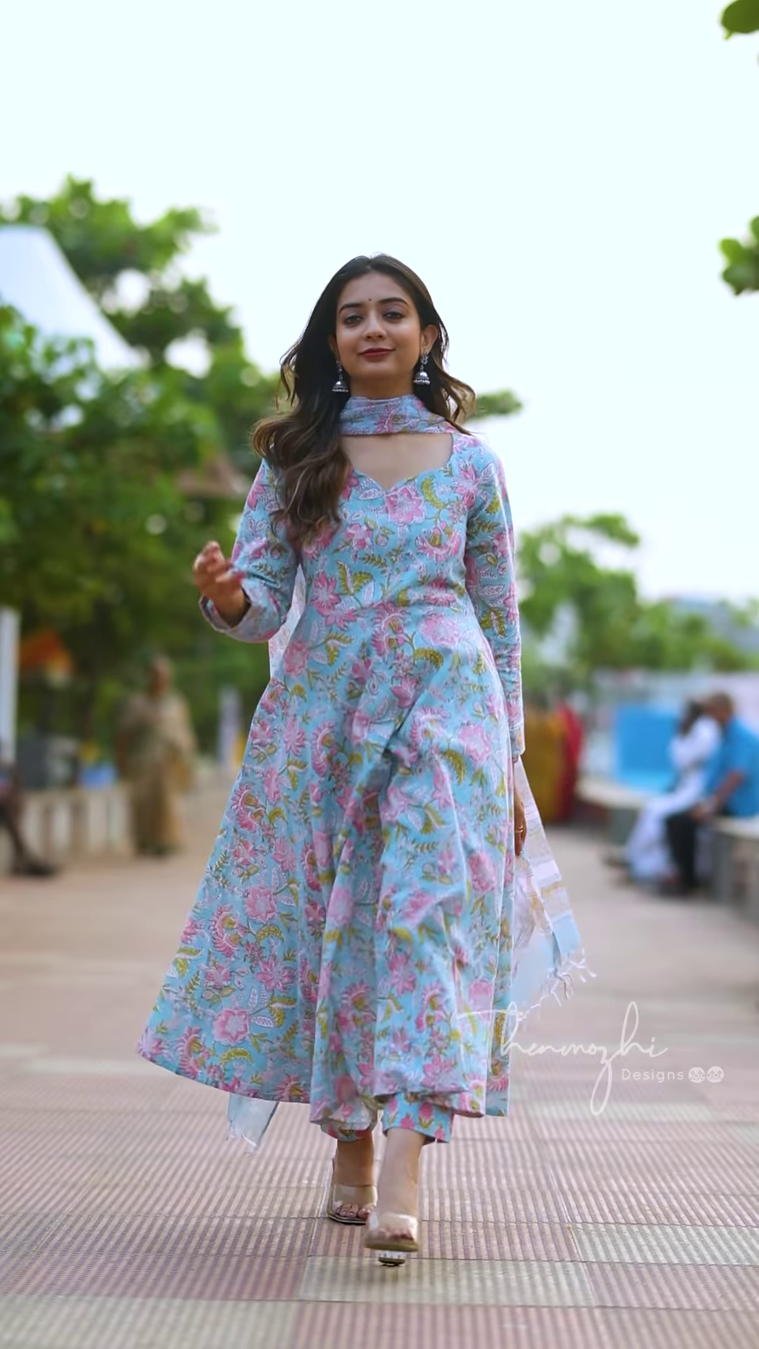 Elegant Long-Sleeved Printed Anarkali Kurti with Coordinating Dupatta