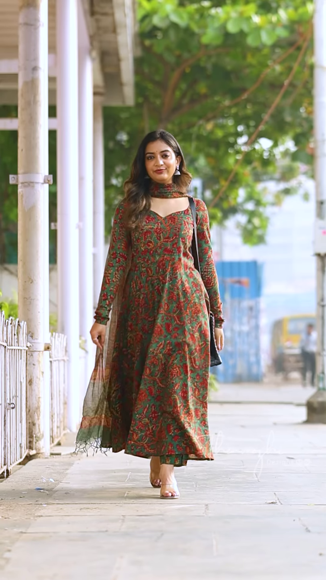 Elegant Long-Sleeved Printed Anarkali Kurti with Coordinating Dupatta