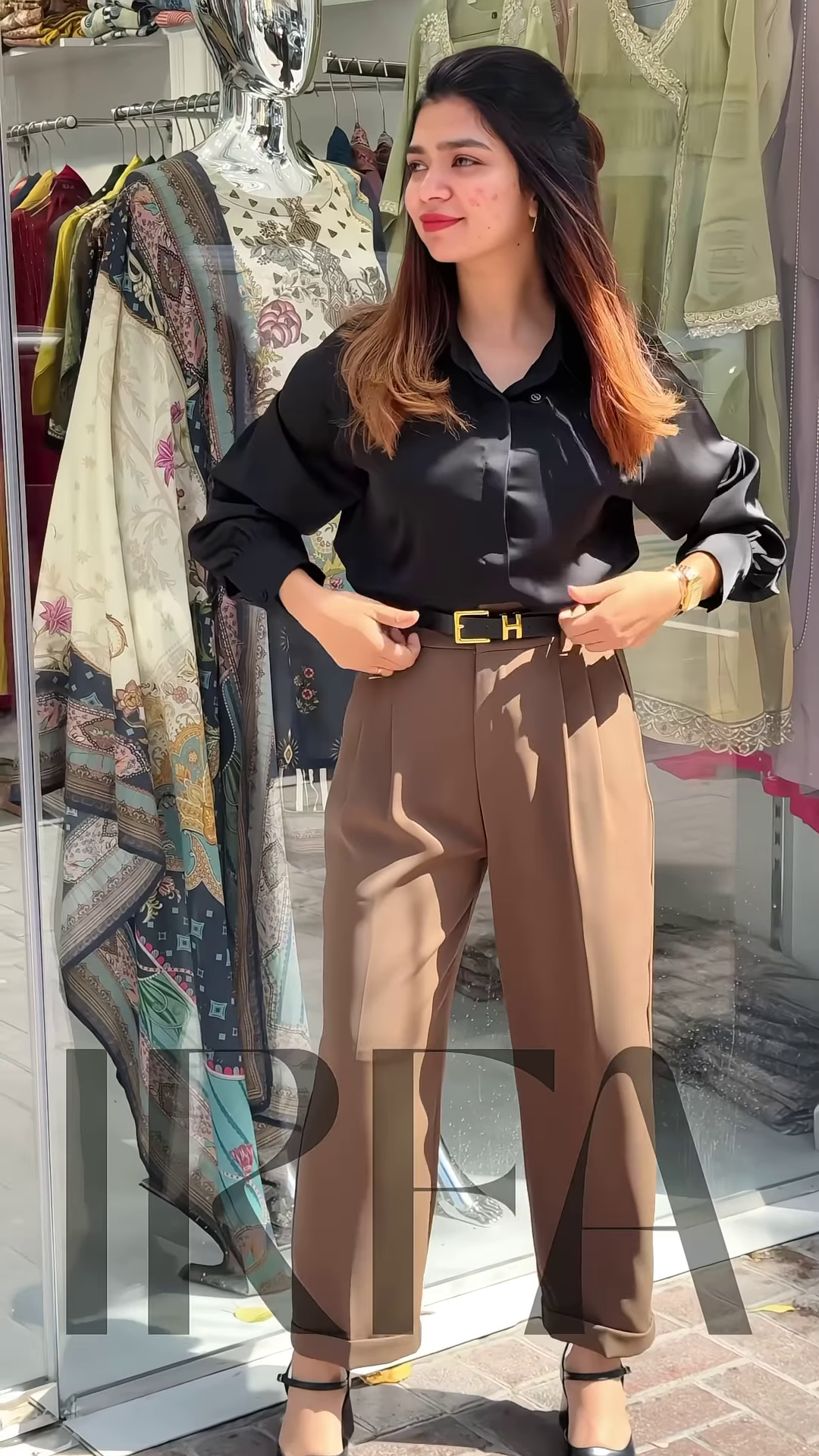 Chic High-Waisted Pleated Palazzo Pants with Button-Down Top