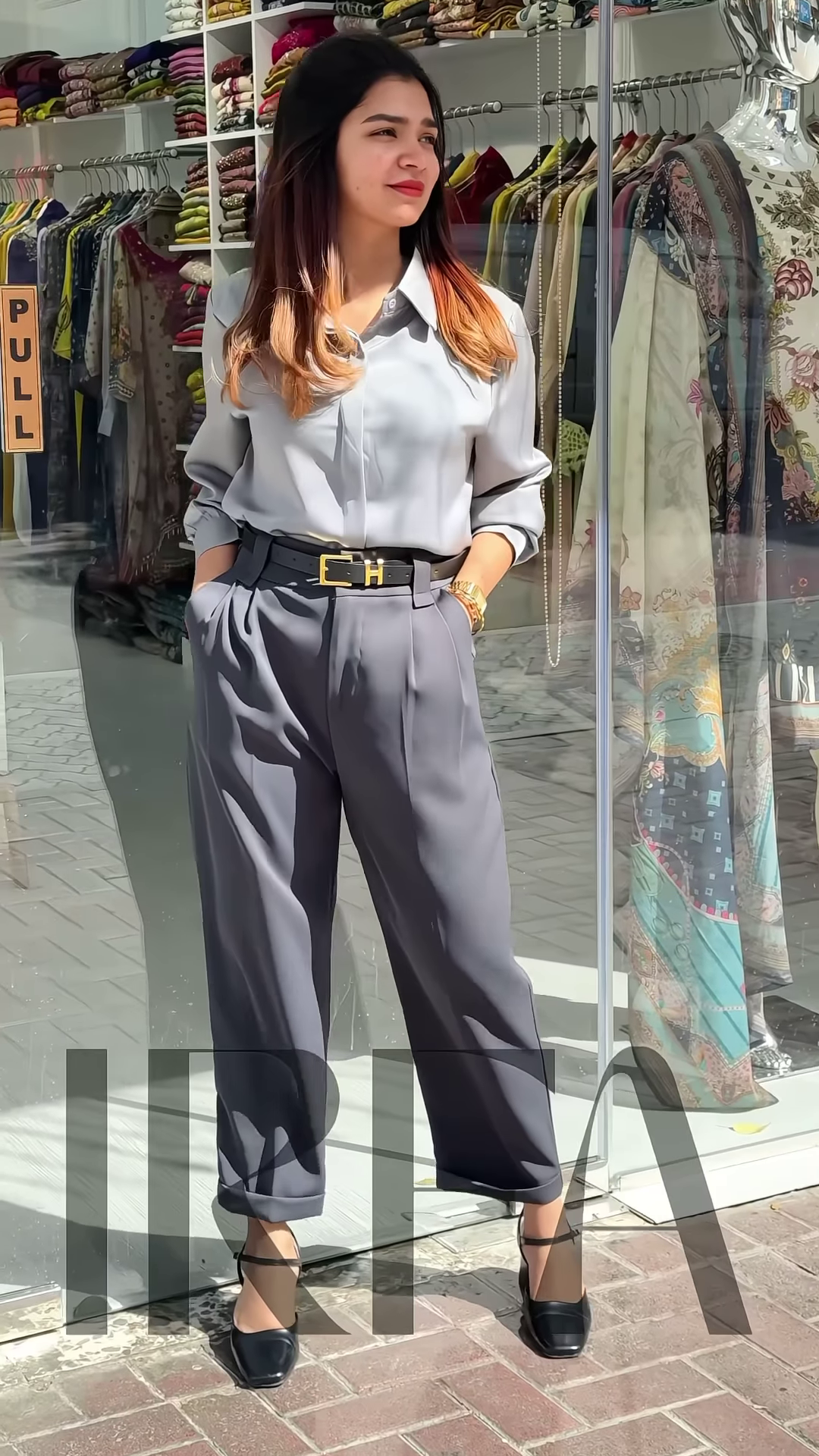 Chic High-Waisted Pleated Palazzo Pants with Button-Down Top