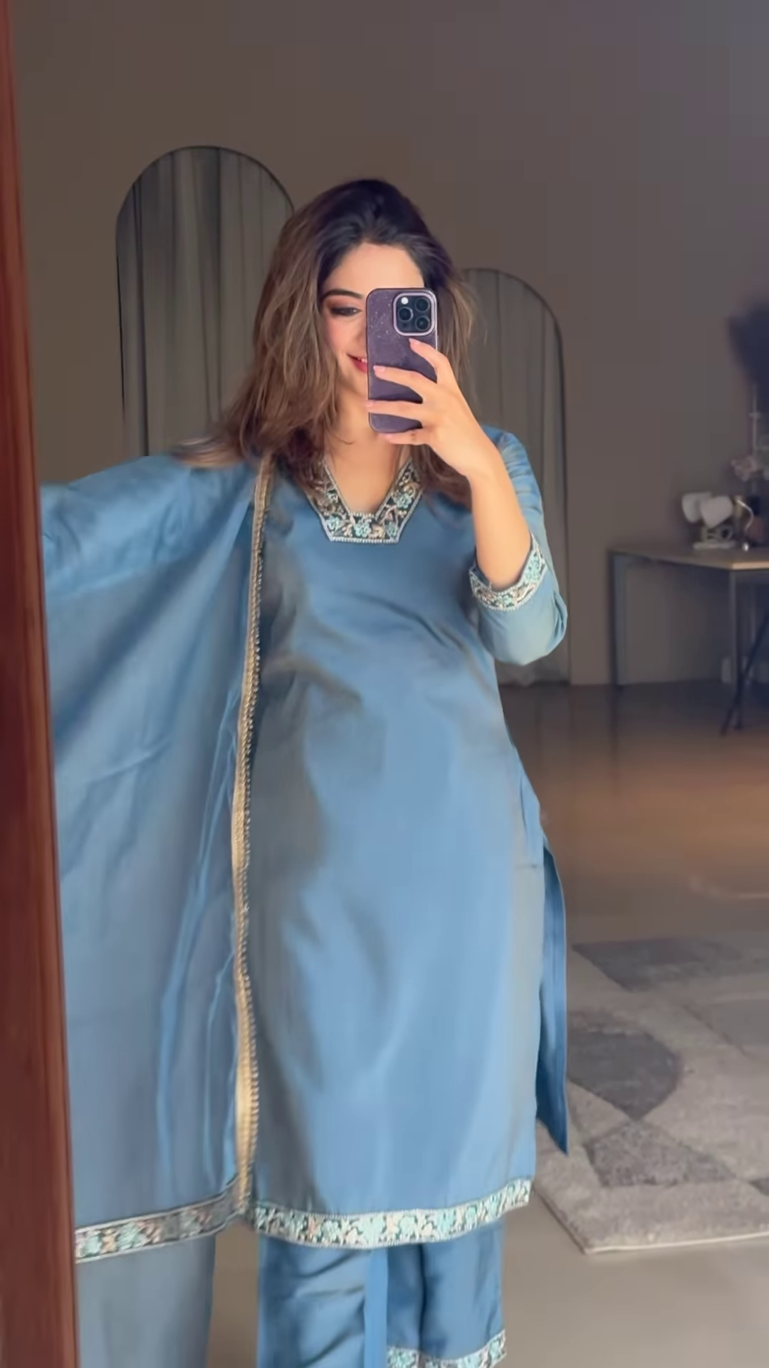 Elegant Off-White Embroidered Kurti Set with Contrasting Dupatta