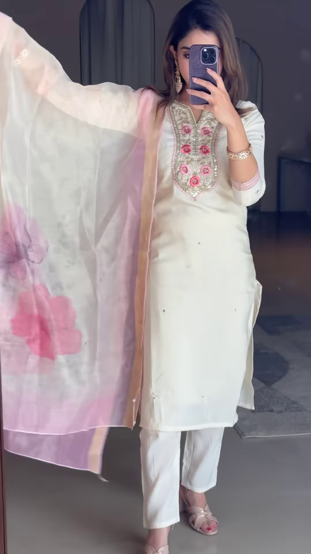 Elegant Off-White Embroidered Kurti Set with Contrasting Dupatta