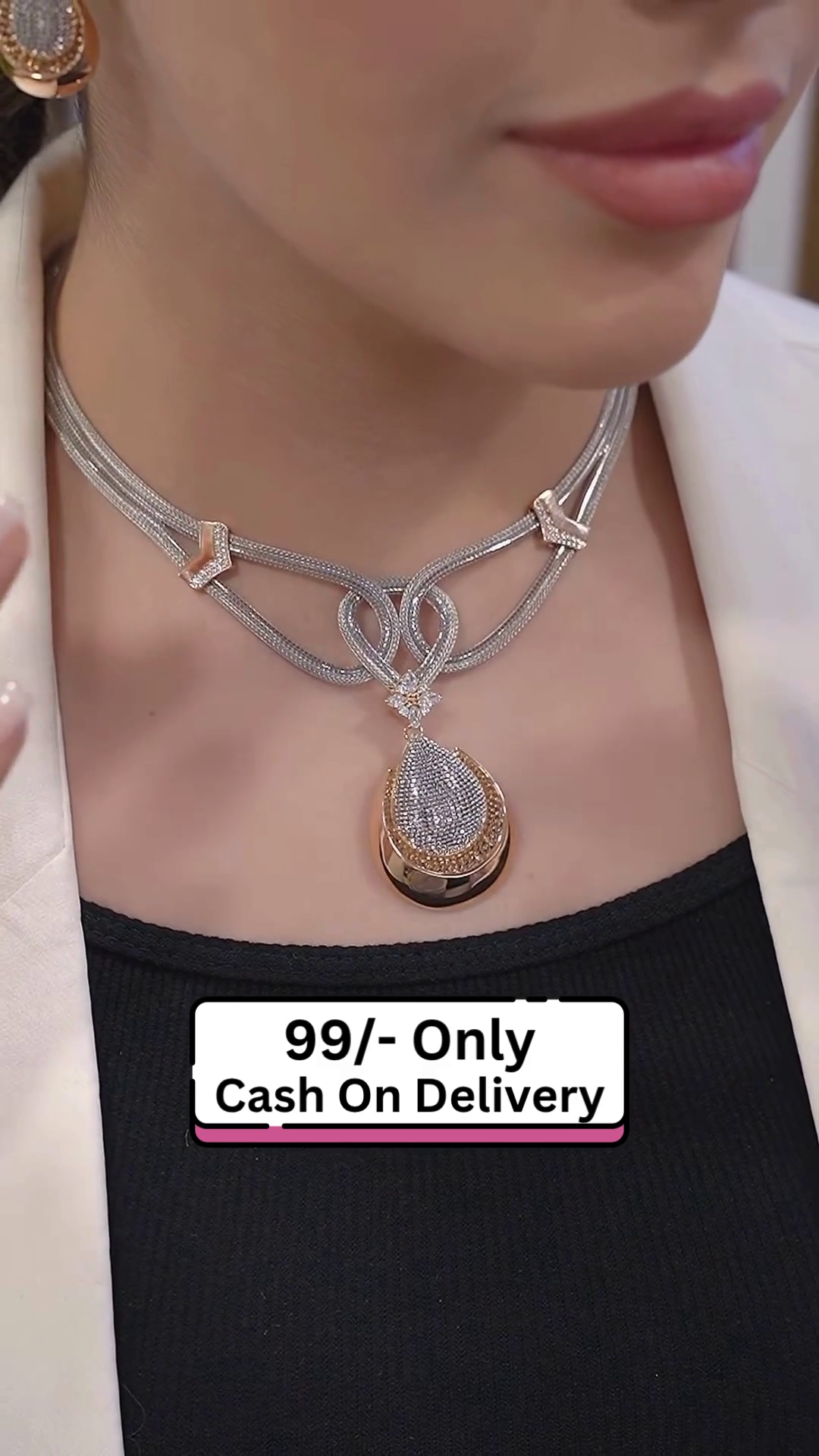 Elegant Dual-Tone Silver & Rose Gold Pendant Necklace Set for Women – Designer Choker-Style Jewelry for Special Occasions