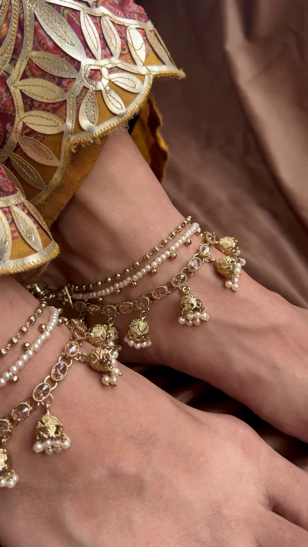 Elegant Gold-Toned Anklets with Pearl Accents and Dangle Bells