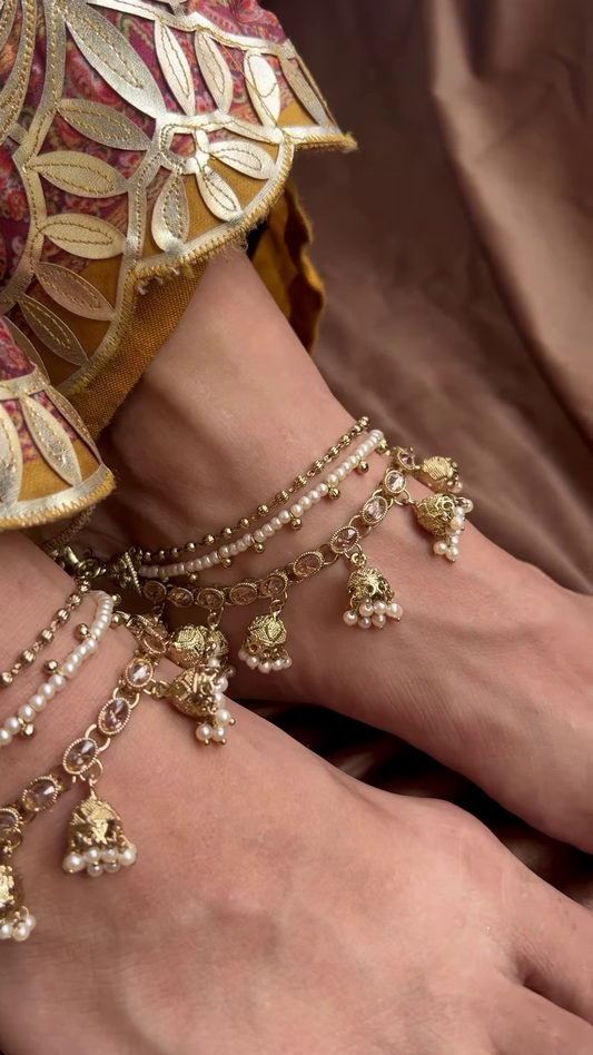 Elegant Gold-Toned Anklets with Pearl Accents and Dangle Bells