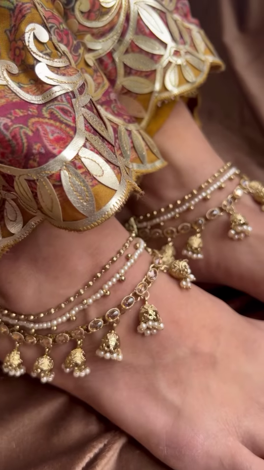 Elegant Gold-Toned Anklets with Pearl Accents and Dangle Bells