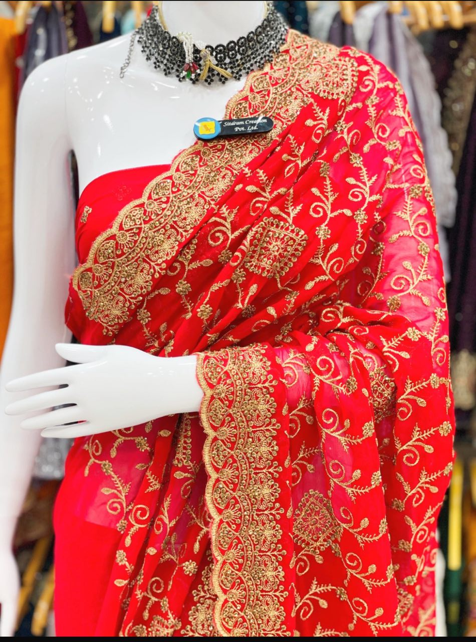 Georgette heavy Saree with golden zari gota work