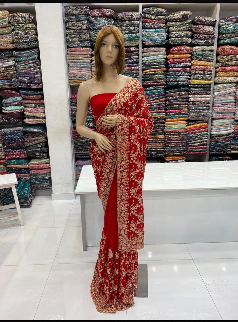 Georgette heavy Saree with golden zari gota work