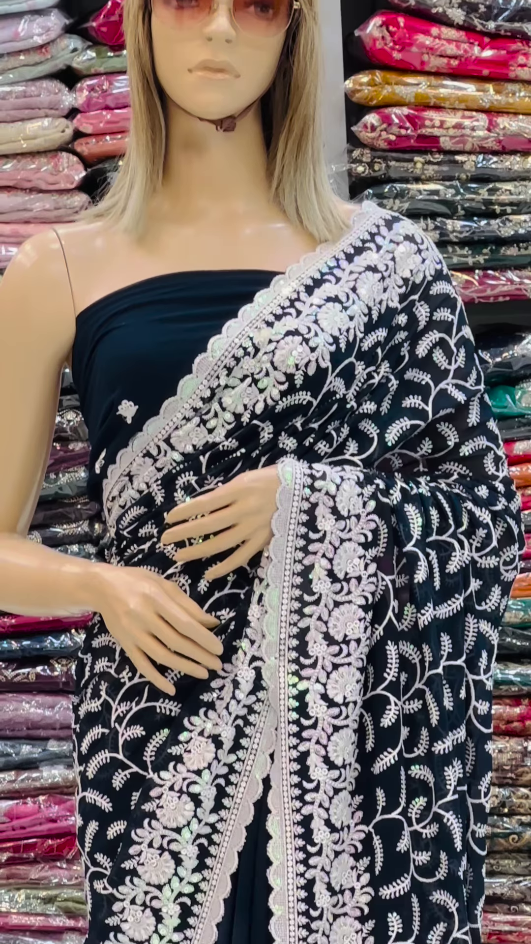 Hand Embroidered Black Georgette Lucknowi Chikankari Saree With Blouse