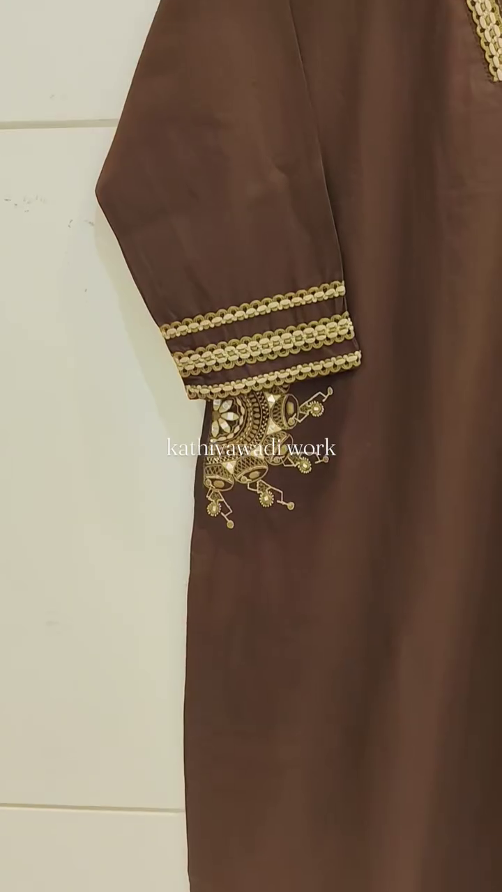 Brown Kathiyawadi Work Cotton Kurta Set with Printed Dupatta