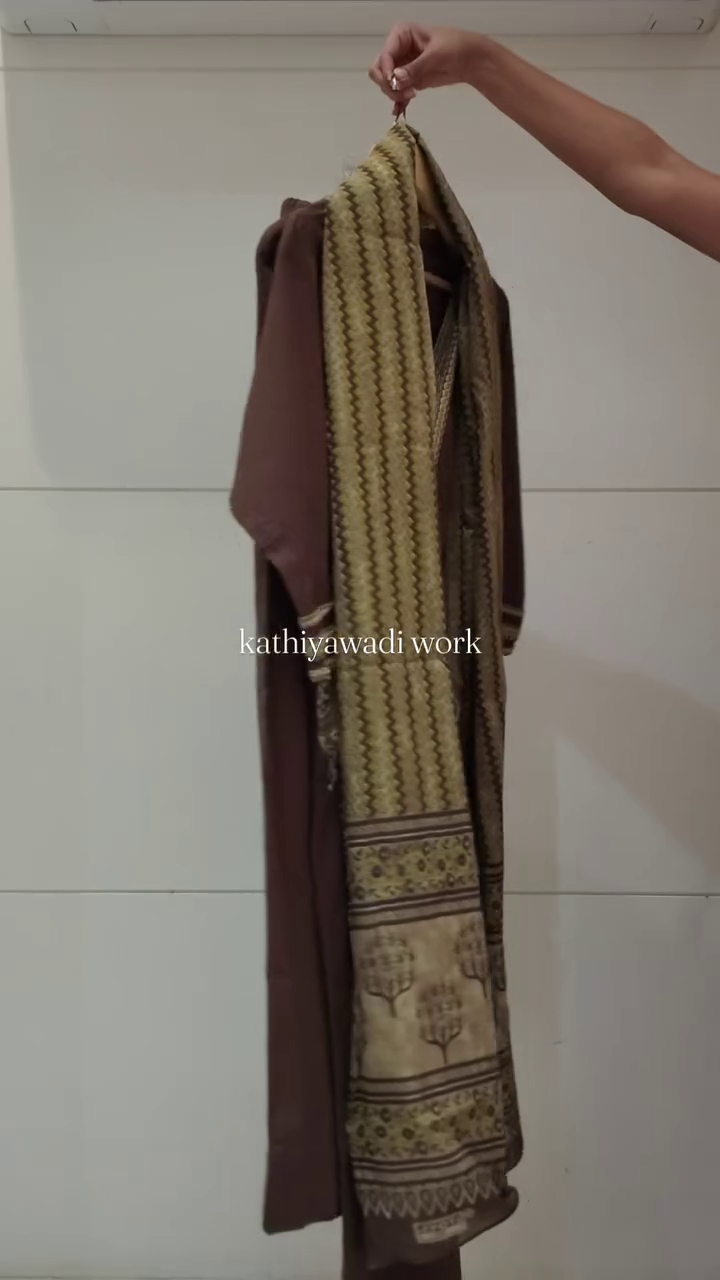 Brown Kathiyawadi Work Cotton Kurta Set with Printed Dupatta