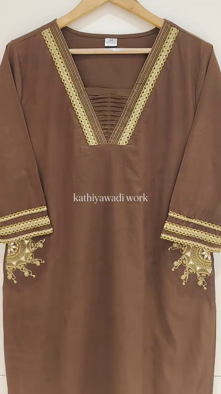 Brown Kathiyawadi Work Cotton Kurta Set with Printed Dupatta