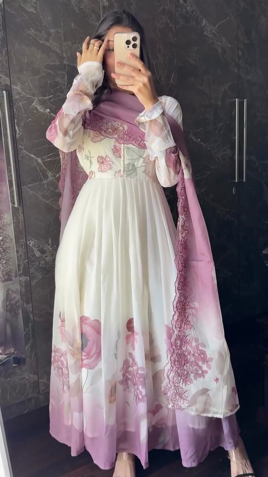 White & Lavender Embroidered Long Gown for Women