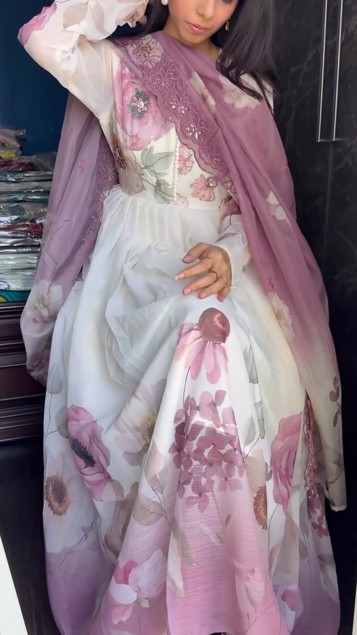 White & Lavender Embroidered Long Gown for Women