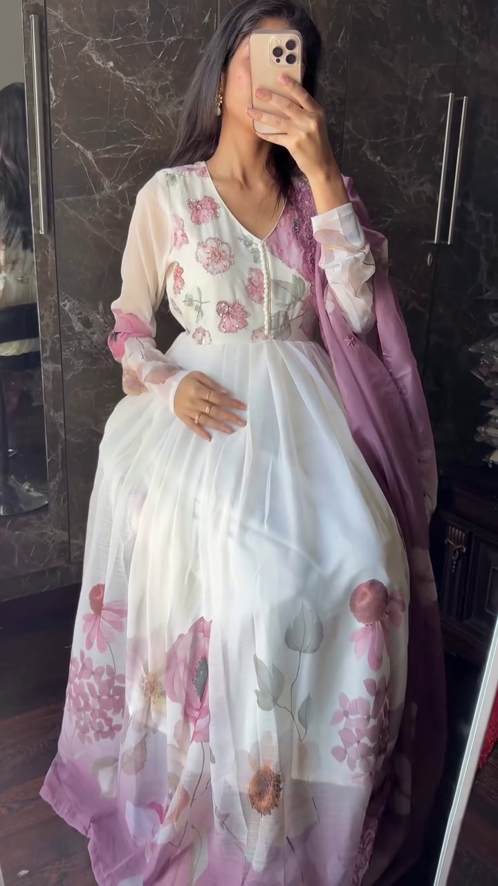 White & Lavender Embroidered Long Gown for Women