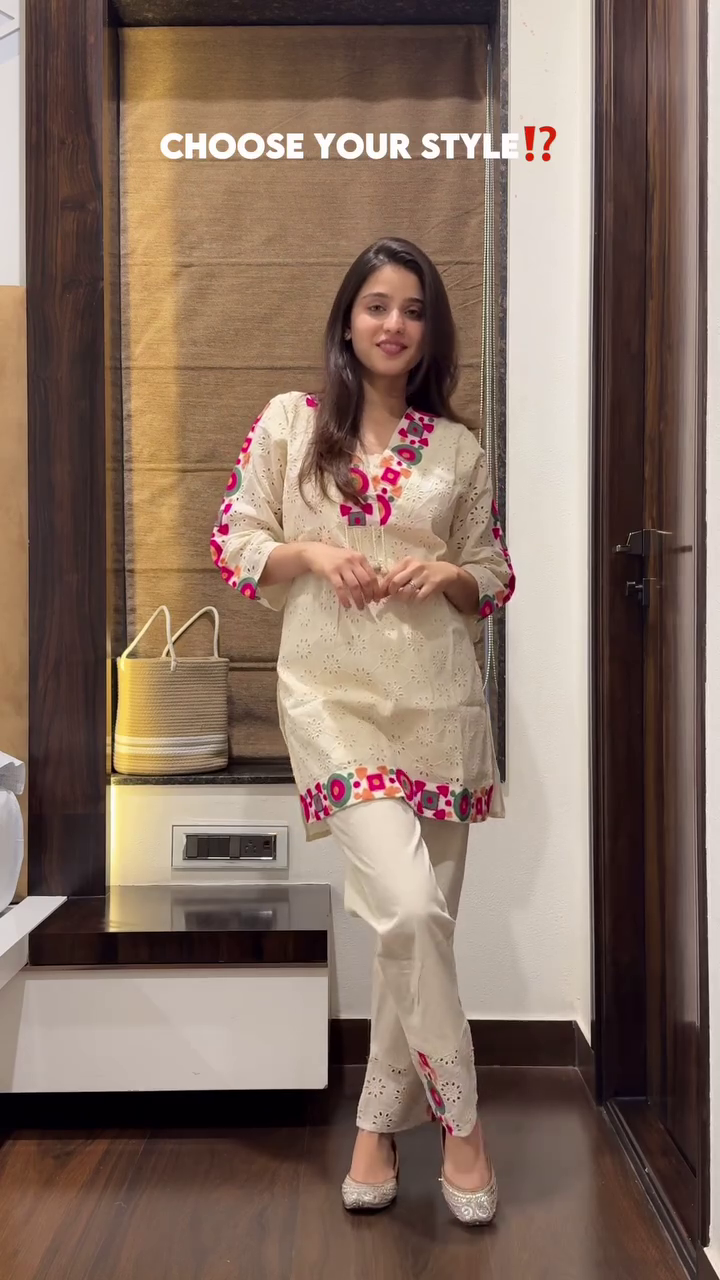 Chic Cream Cotton Kurta Set with Vibrant Pink Embroidery