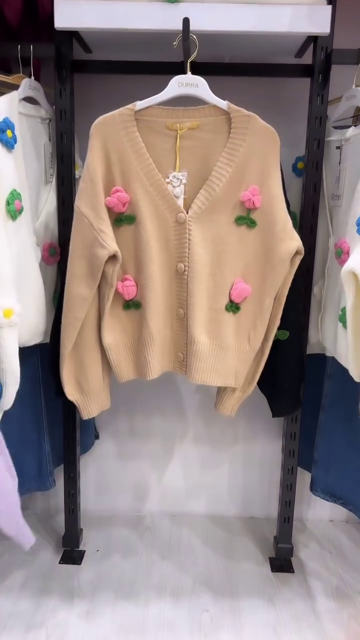 Chic Blue Floral Knit Cardigan with White Shirt & Denim Skirt Set