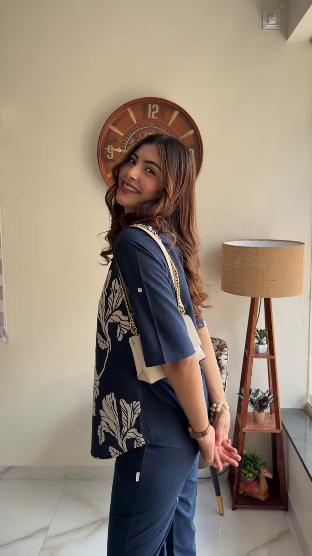 Elegant Navy Blue Floral Print Co-ord Set – Stylish Women’s Top and Trousers Outfit