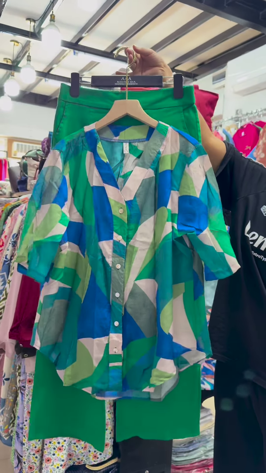 Unisex Geometric Print Button-Up Shirt with Solid Green Skirt – Contemporary Streetwear Fusion