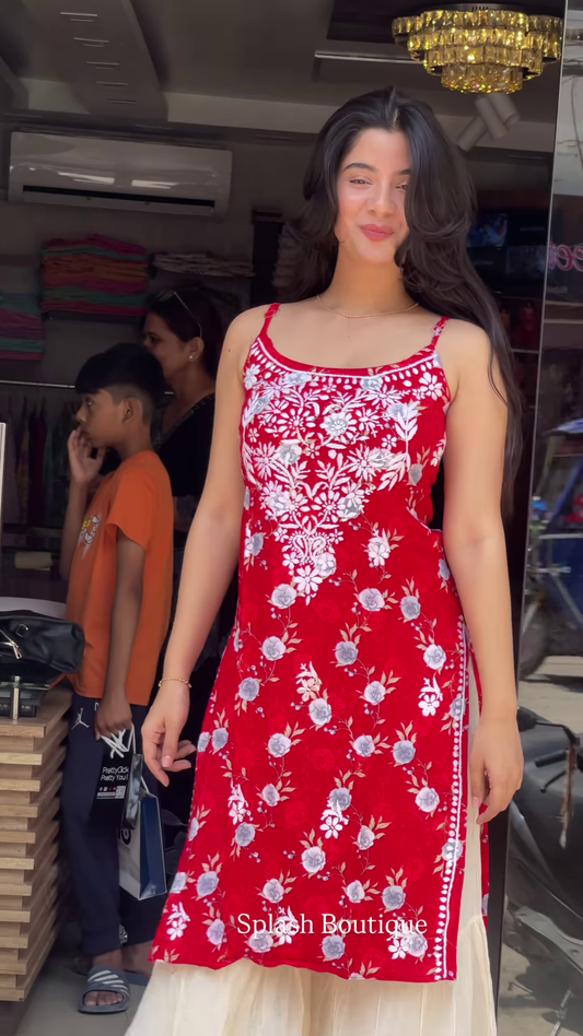 Women’s Red Sleeveless Embroidered Kurti with Cream Wide-Leg Bottom – Elegant Boutique Ethnic Ensemble