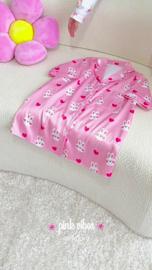 🐰💕 Cute Bunny Print Satin Nightshirt – Pink Dreams Edition 🌙✨