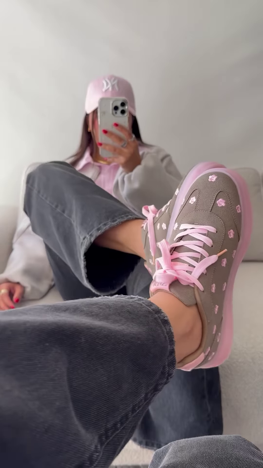 Stylish Grey and Pink Floral Sneakers