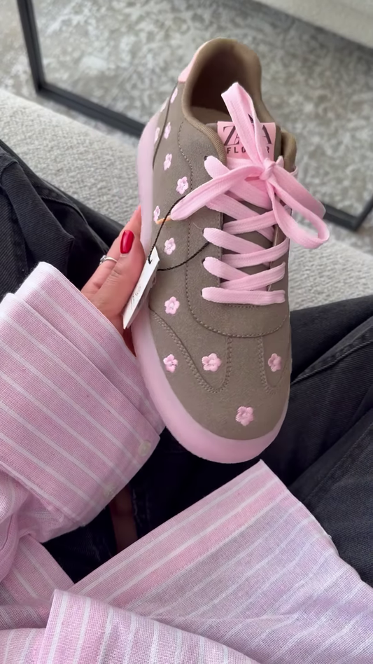 Stylish Grey and Pink Floral Sneakers