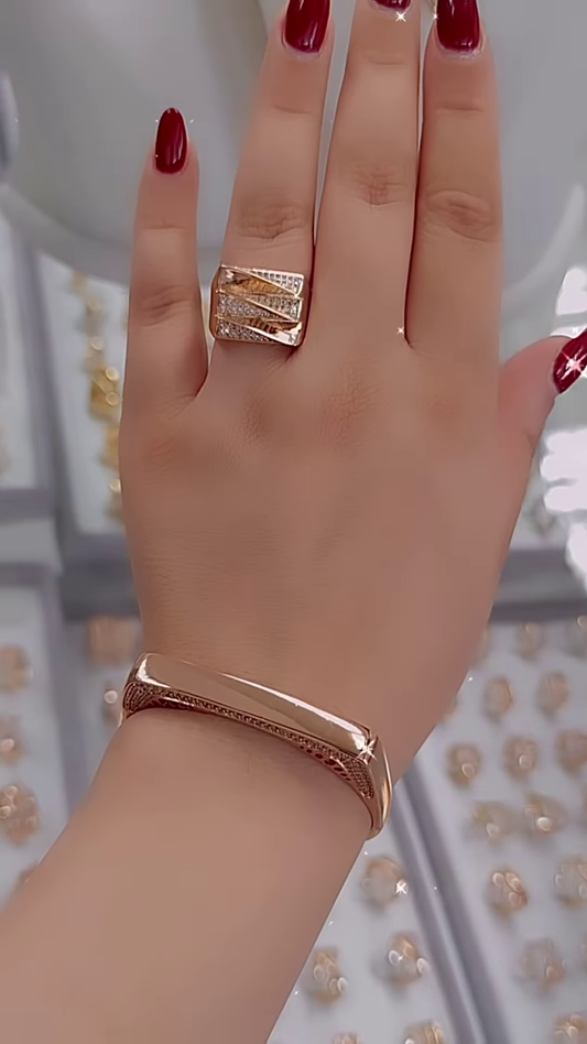 Elegant Rose Gold Bangle Bracelet and Ring Set with Delicate Accents