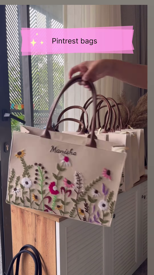 Personalized Cream Tote Bag with Floral Embroidery