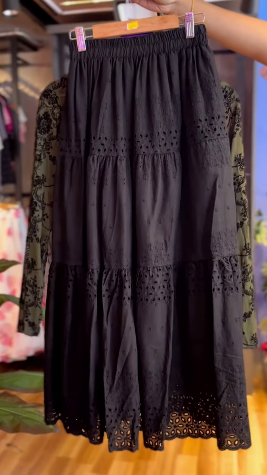 🖤 Elegant Olive Green & Black Patterned Top with Black Eyelet Midi Skirt Ensemble 🌿