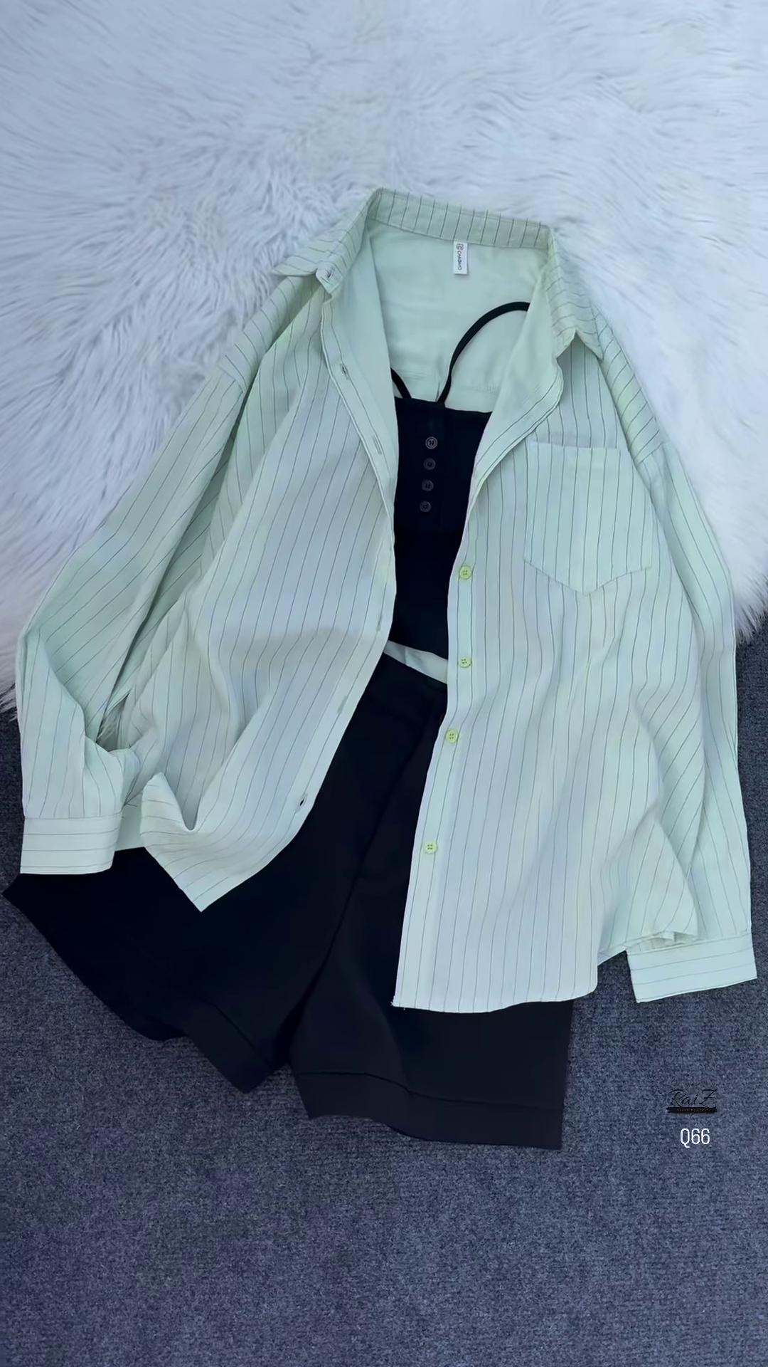 💖 Edgy Chic Sheer Pink Pinstriped Oversized Shirt, Black Crop Top & Shorts Set 🖤