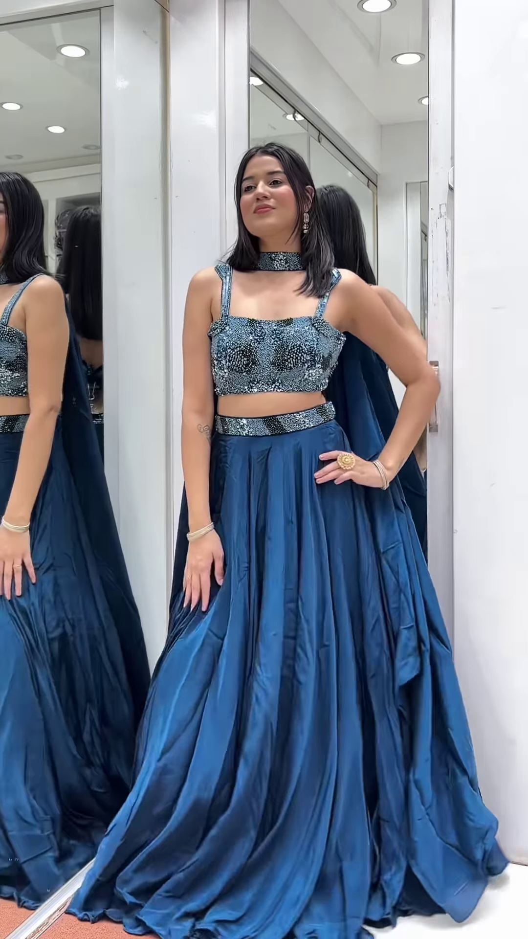 💙 Dazzling Teal Embellished Crop Top & Flowing Skirt Ensemble 🌊