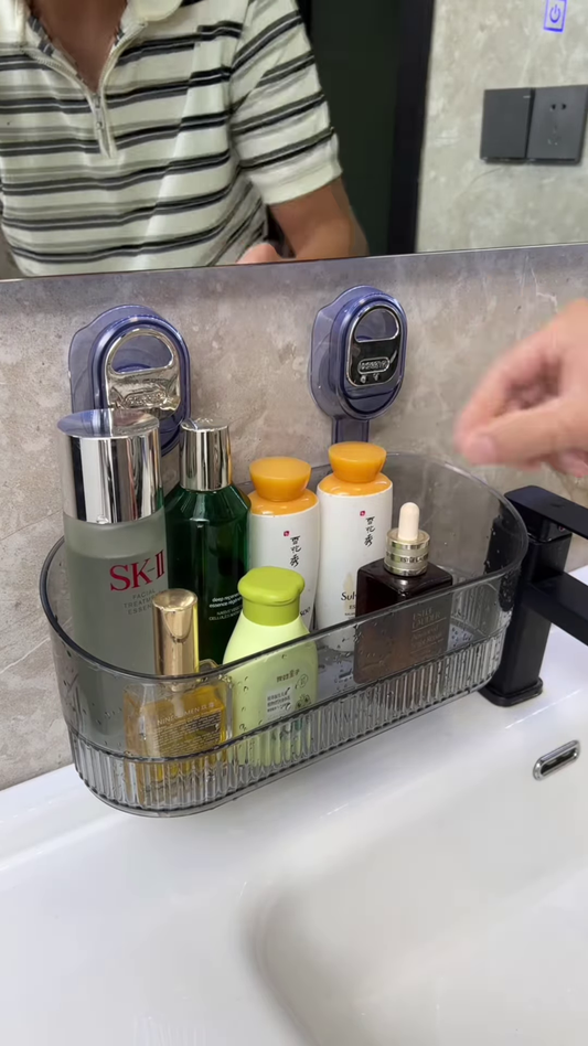 Wall-Mounted Bathroom Shelf with Four Pastel Bottles