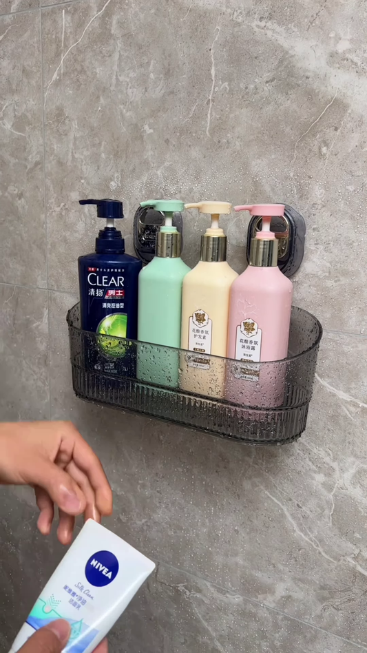 Wall-Mounted Bathroom Shelf with Four Pastel Bottles