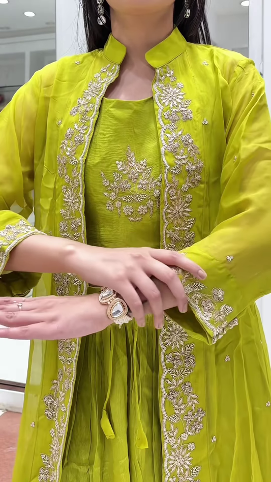Vibrant Lime Green Embroidered Three-Piece Palazzo Set
