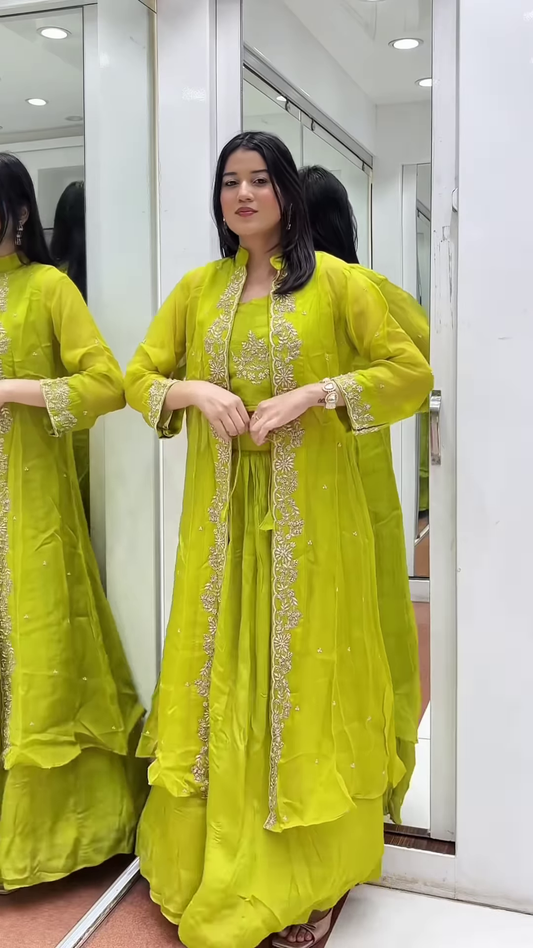 Vibrant Lime Green Embroidered Three-Piece Palazzo Set