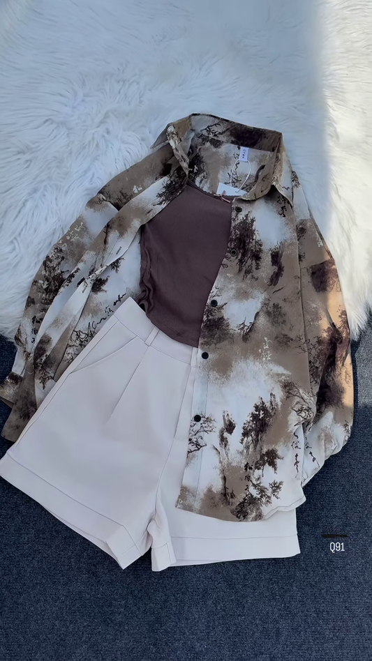 Dark Floral Overshirt with Light Tank and Tailored Shorts